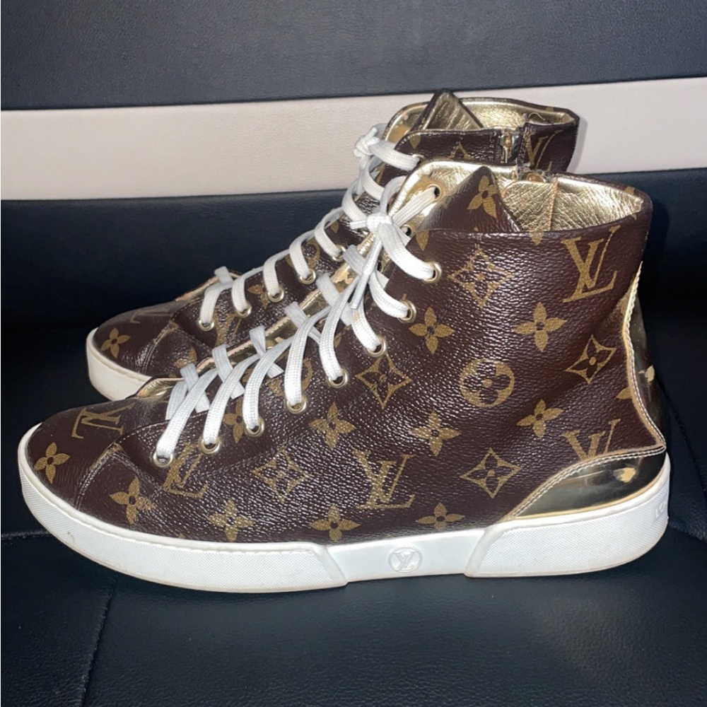 Louis Vuitton Brown & Gold Monogram High-Top Sneakers